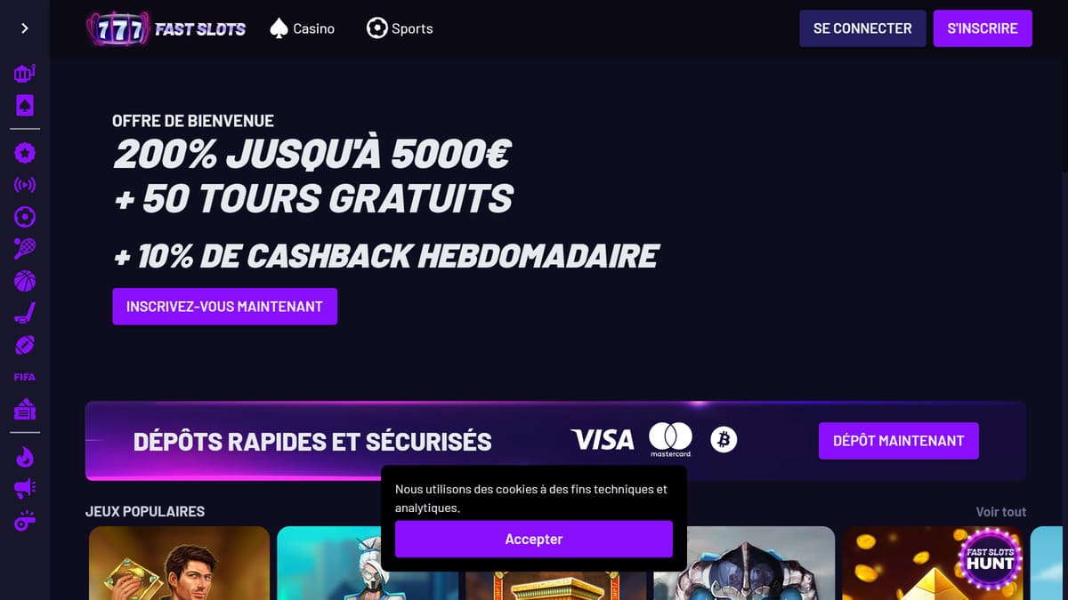 Fast Slots casino | Bonus 200% jusqu'à 5000€ +50TG +10% cashback