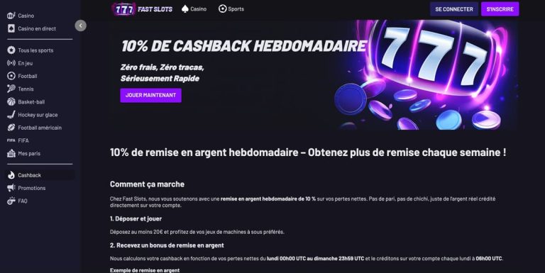 FastSlots Casino cashback hebdomadaire