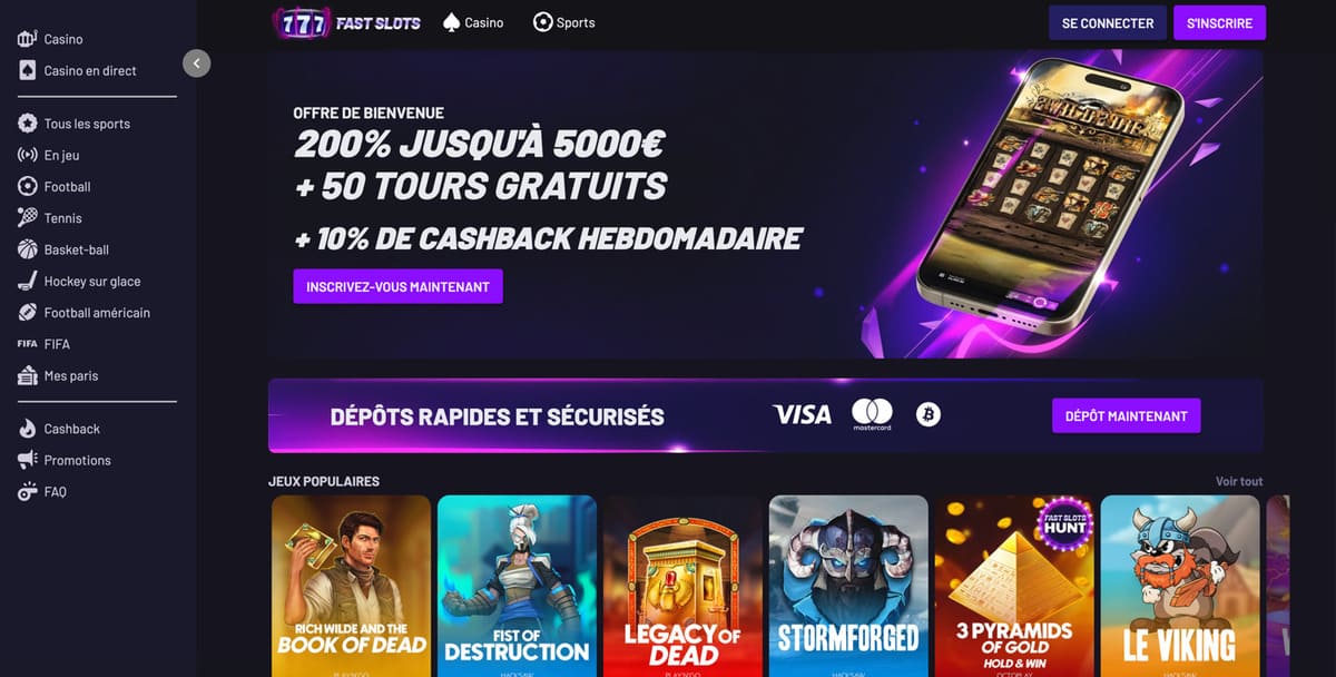 Fast Slots casino | Bonus 200% jusqu'à 5000€ +50TG +10% cashback
