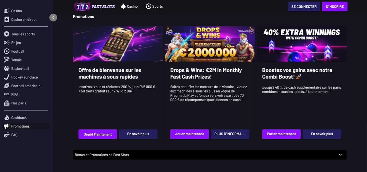 Fast Slots casino | Bonus 200% jusqu'à 5000€ +50TG +10% cashback
